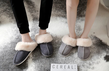 2025 Winter Warm Home Fur Slippers Women Luxury Faux Suede Plush Couple Cotton Shoes Indoor Bedroom Flat Heels Fluffy Slippers