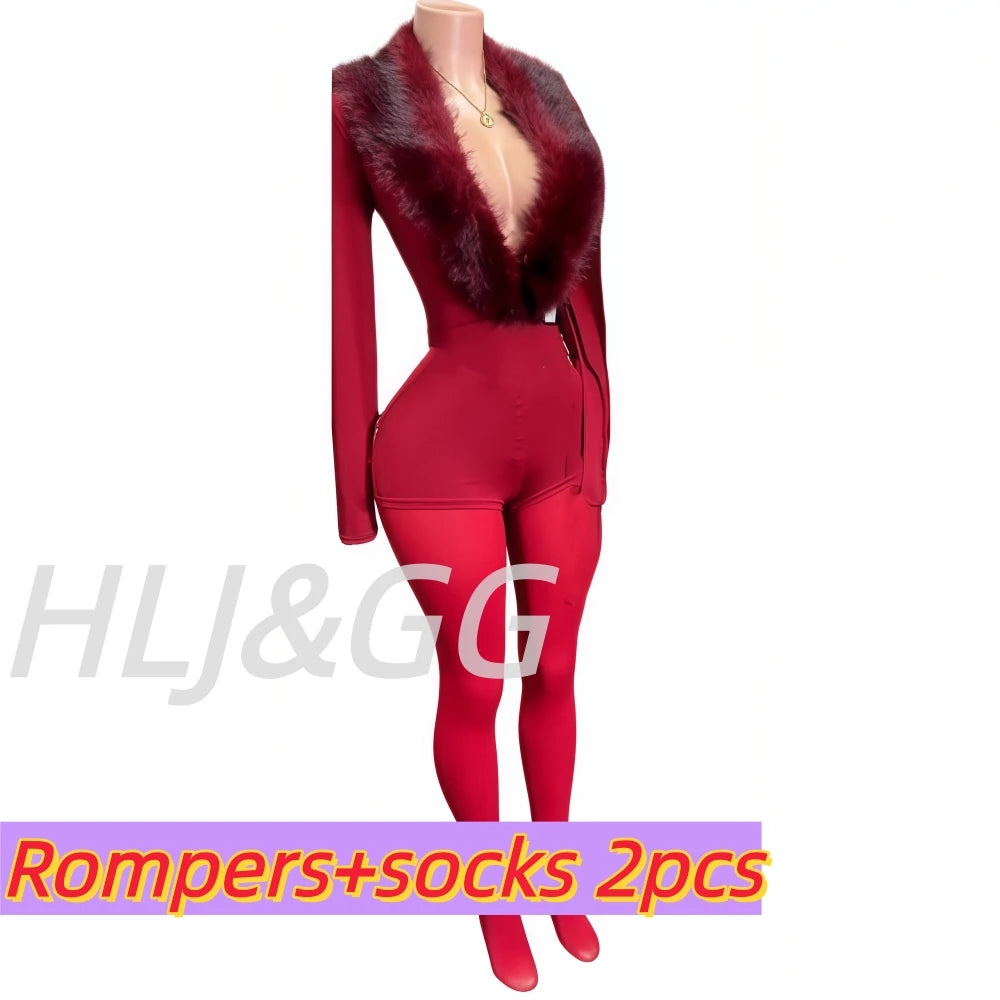 HLJ&GG Black Sexy Fur Splicing Deep V Bodycon One Piece Rompers Women Long Sleeve Slim Jumpsuits Fashion Streetwear With Belt