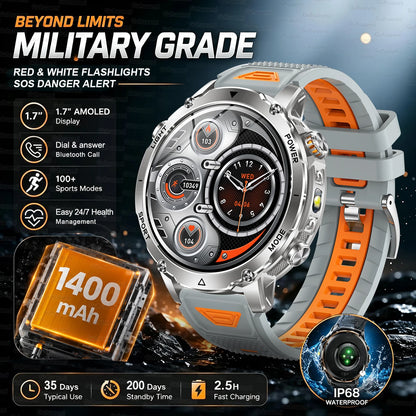 New 1400mAh Big Battery Smart Watch Men Outdoor GPS Flashlight IP68 Waterproof Bluetooth Call AMOLED Military Sports Smartwatch