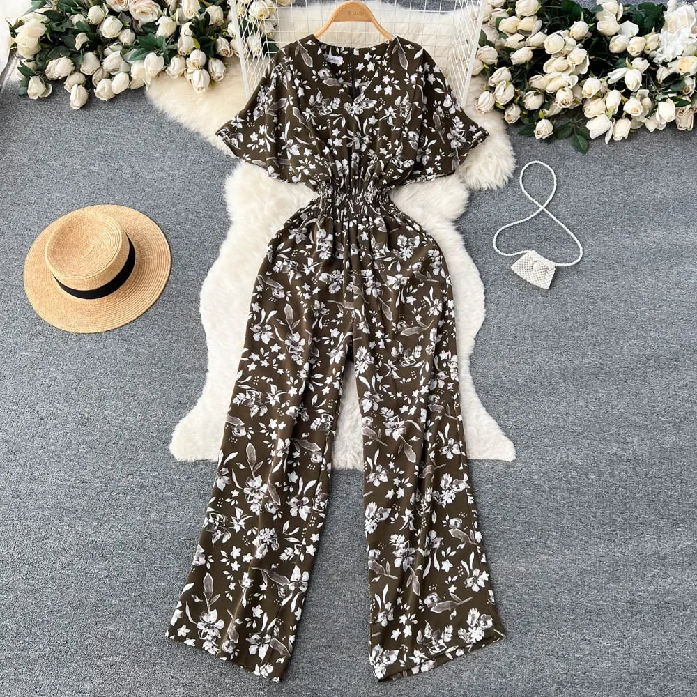 2026 New Summer Beach Summer Floral Jumpsuits Fashion V Neck Elastic Slim Short Sleeve Streetwear Vacation Retro Long Rompers