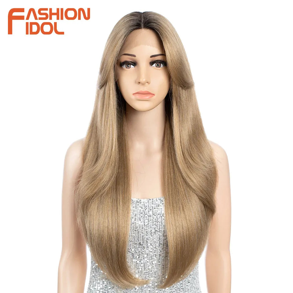 FASHION IDOL 26inch/65cm Straight Hair Lace Front Wigs Synthetic Hair Ombre Blonde Brown Hair Wigs Cosplay Heat Resistant Fiber