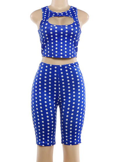 Weird Puss Sexy Hollow 2Piece Set Woman Polka Dot Print O-Neck Crop Tops+Skinny Stretch Shorts Hot Girl High Street Fashion Suit