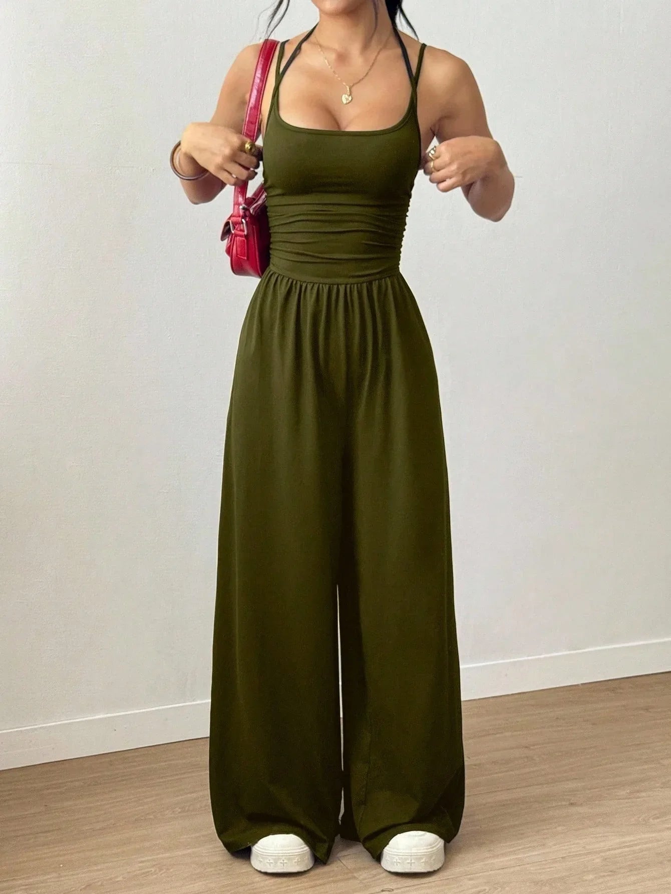 Women Halter Spaghetti Strap Jumpsuits Summer Casual Elastic High Waist Backless Wide Leg Long Pants Romper Club Party Overalls