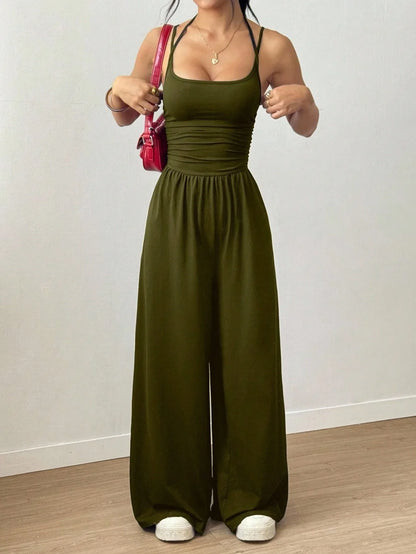 Women Halter Spaghetti Strap Jumpsuits Summer Casual Elastic High Waist Backless Wide Leg Long Pants Romper Club Party Overalls