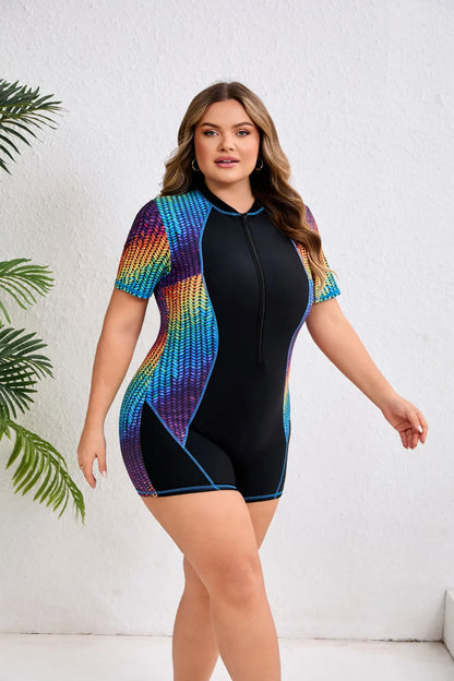 2026 Women Short Sleeve Plus Size Swimwear Print Patchwork Large One Piece Swimsuit Lady Zipper Chubby Beach Curvy Bathing Suit