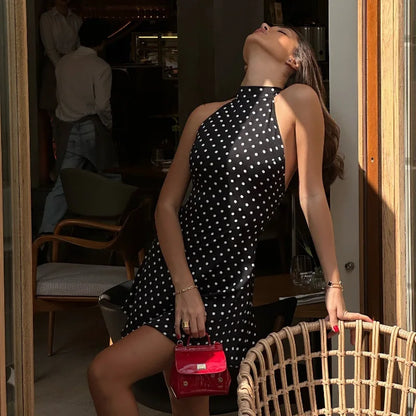 Elegant Off-Shoulder Polka Dot Mini Dress Women's Sleeveless Backless High Waist Y2K Summer Fashion Club Party Gown