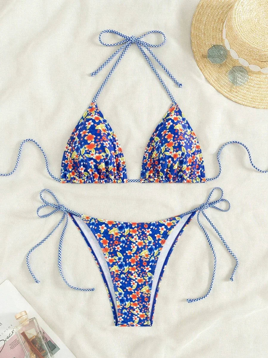 Swimsuit 2026 Female Micro Bikini Women Swimwear Summer Beachwear Women's Bathing Suit Floral Print Neck Halter Thong Bikini Set