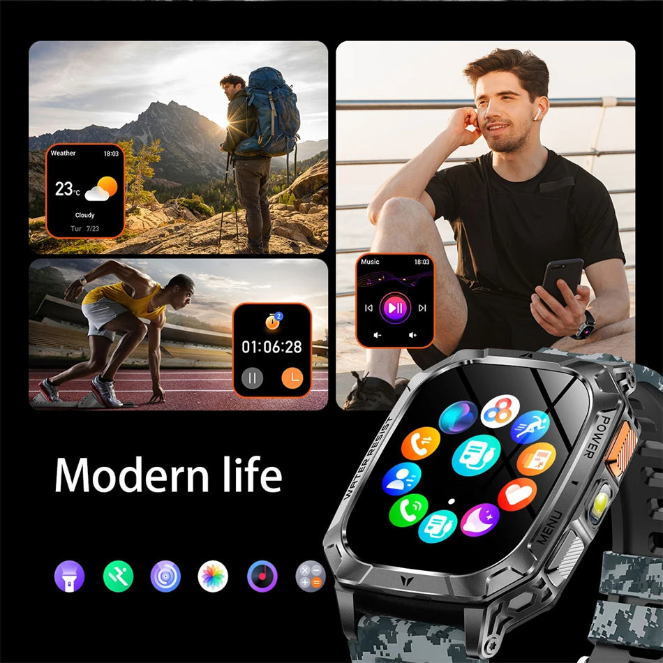 New 1400 mAh Battery Military Smartwatch Men IP68 Waterproof Flashlight Health Monitor Sports Call Smart Watch For iOS Android