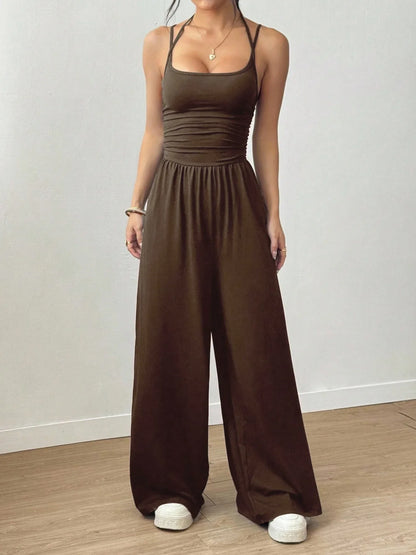 Women Halter Spaghetti Strap Jumpsuits Summer Casual Elastic High Waist Backless Wide Leg Long Pants Romper Club Party Overalls