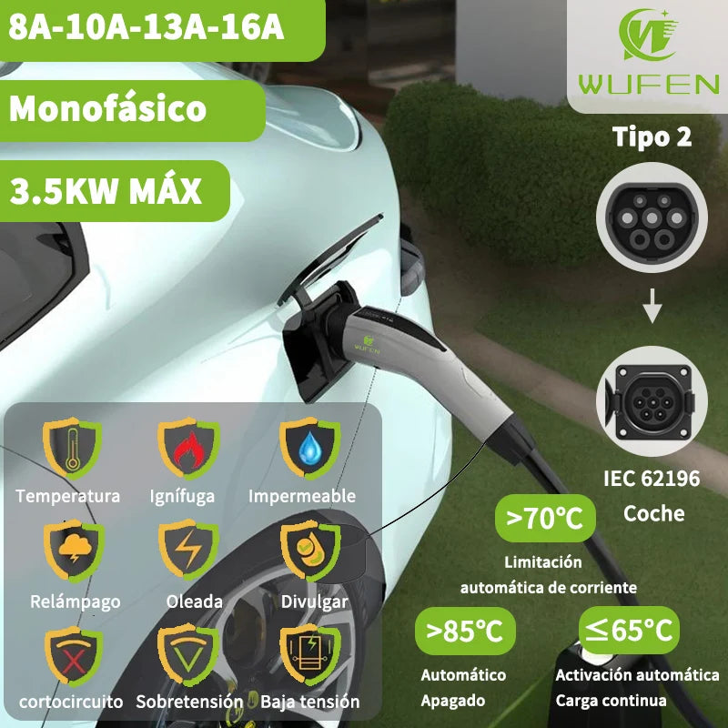 WUFEN Portable Type 2 Charger 110V US NEMA 5-15P Plug Max 3.5kw Type2 EV Charger 16A 1Phase Charging Plug For IEC 62196 Vehicle