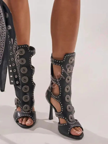 Women's 2026 Peep Toe Rhinestone Buckle Cutout Gothic Floral Mid-Calf Boots Punk Motorcycle Party Shoes with Rivets