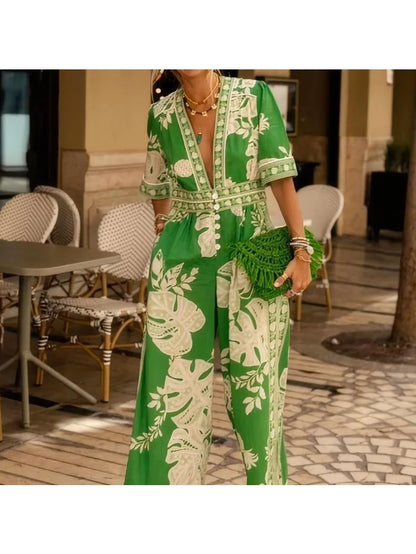 Jumpsuits Women Print Loose Casual One Piece V Neck Short Sleeve Overalls Wide Leg Long Pants Elegant Splice Rompers 2024
