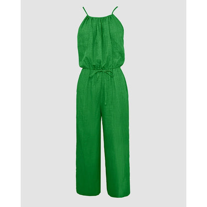 Women's Casual Solid Color Wide Leg Straight Overalls Summer Sleeveless Spaghetti Strap Drawstring Waist Jumpsuits