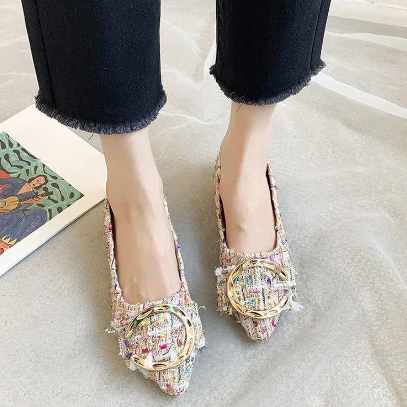 Spring Autumn Casual Fashion Pointed Toe Fabric High Heels Comfortable Simple Metal Decorated Low Heel Women's Shoes NO:A1701