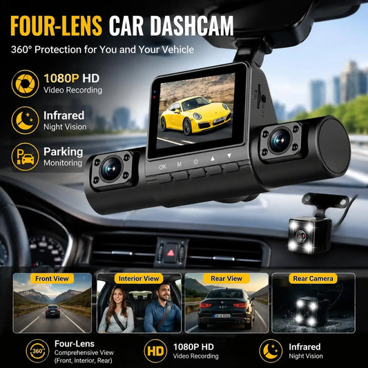 4 Lens Dash Cam 1080P Full HD 360 Degree View Car DVR 3.16 Inch IPS Screen Night Vision G Sensor Loop Recording Parking Monitor Wide Angle Laptop Connection Dashboard Camera for Complete Interior Exterior Safety Professional