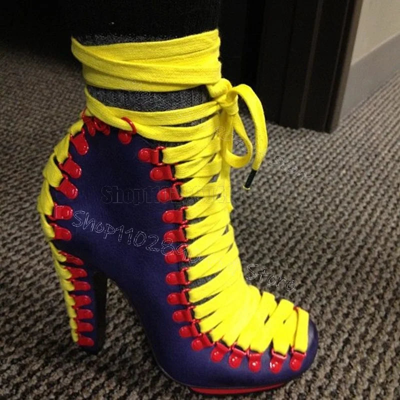 Yellow Strappy Blue Suede Square Toe Ankle Boots Lace Up Women Shoes Chunky High Heels New Party Dating 2026 Zapatos Para Mujere