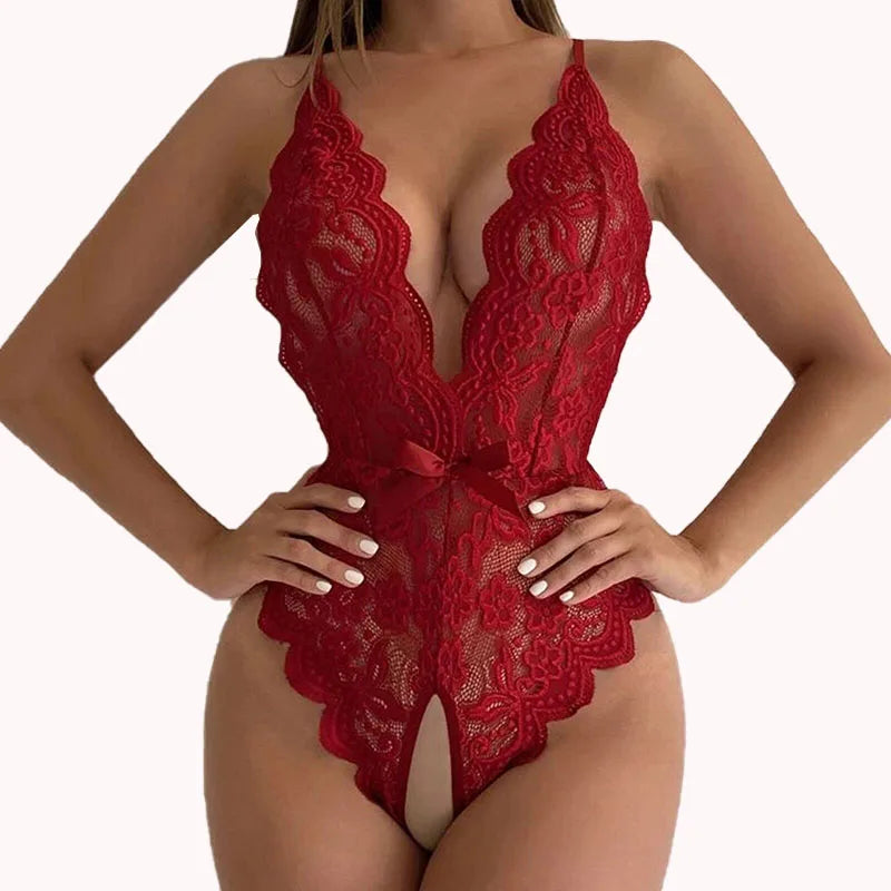 Sexy Lingerie Women Lace Crotchless Bodysuit Pajamas Backless Bra Sets Teddy Babydoll Dress Deep V Porn Underwear Erotic Costume