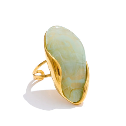 Yhpup New Design Brown Green Beige Resin Geometric Adjustable Ring Golden PVD Stainless Steel Rust Proof Finger Jewelry Gift
