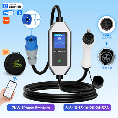 Portable EV Charger 7KW Fast Charging Cable Type2 IEC62196-2 32A with CEE Plug Type1 J1772 WiFi APP Bluetooth Remote Control