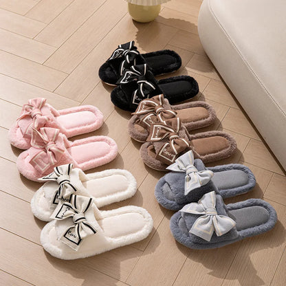 Love Fluffy Women's Slippers House Bow Luxury Designer Woman Shoes Flats Fuzzy Fur Slides Home Spring Autumn Elegant Soft Sole