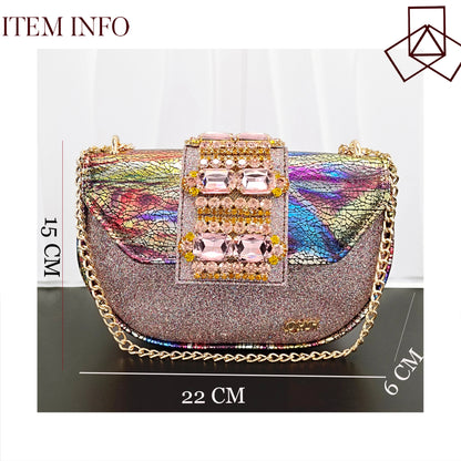 Hot Selling Fashion Mature  Brushed Style Rainbow Color Rhinestone Decoration Design Party Wedding Lady High Heels and Bag Set