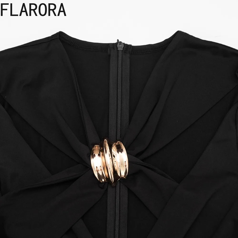 FLARORA Sexy Hollow Out Jumpsuits Woman Trend Metal Buckle Decoration Full Sleeve Skinny Peach Hip Party Club Street Overalls