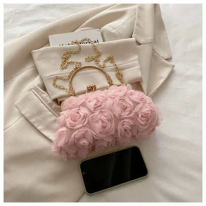 Luxury Women Chain Shoulder Bag Chiffon 3D Flower Banquet Bag Fashion Evening Bags Fashion Clutch Handbag Trendy Crossbody Bag