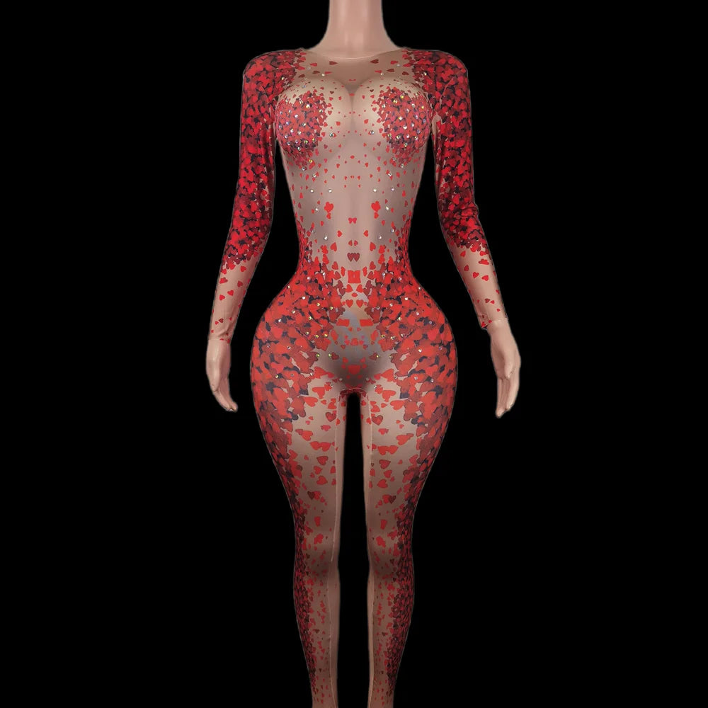 Designer Long Sleeves Love Print Rhinestone Jumpsuits Women Gogo Dancer Costumes Club Bodycon Rompers Drag Queen Show Jumpsuits