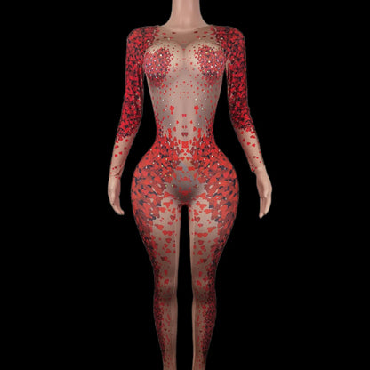 Designer Long Sleeves Love Print Rhinestone Jumpsuits Women Gogo Dancer Costumes Club Bodycon Rompers Drag Queen Show Jumpsuits