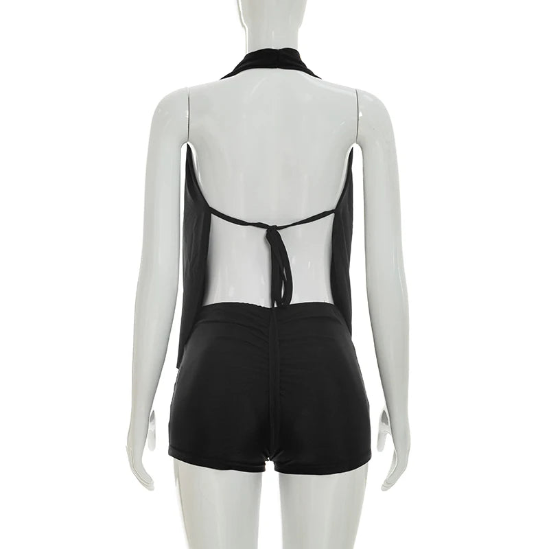 Chic Monokini with Pure Color, Over-the-Shoulder Draped Back Tie-Up Shorts