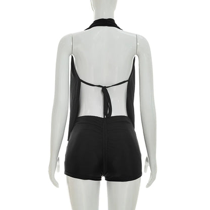 Chic Monokini with Pure Color, Over-the-Shoulder Draped Back Tie-Up Shorts