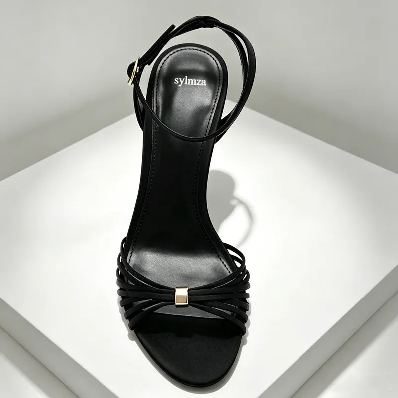 Elegant Ankle Strap Narrow Band Heeled Sandals Women Open-Toe High Heels for Ladies Luxury Metal Buckle Details Designer Shoes