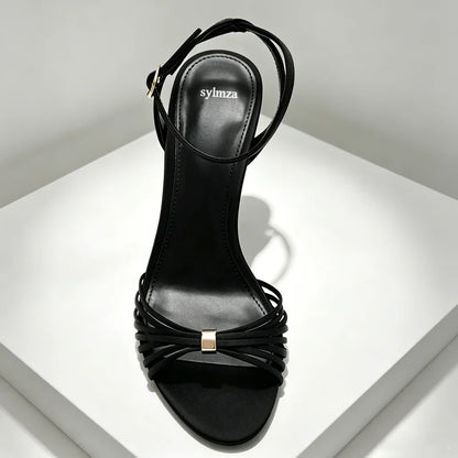 Elegant Ankle Strap Narrow Band Heeled Sandals Women Open-Toe High Heels for Ladies Luxury Metal Buckle Details Designer Shoes