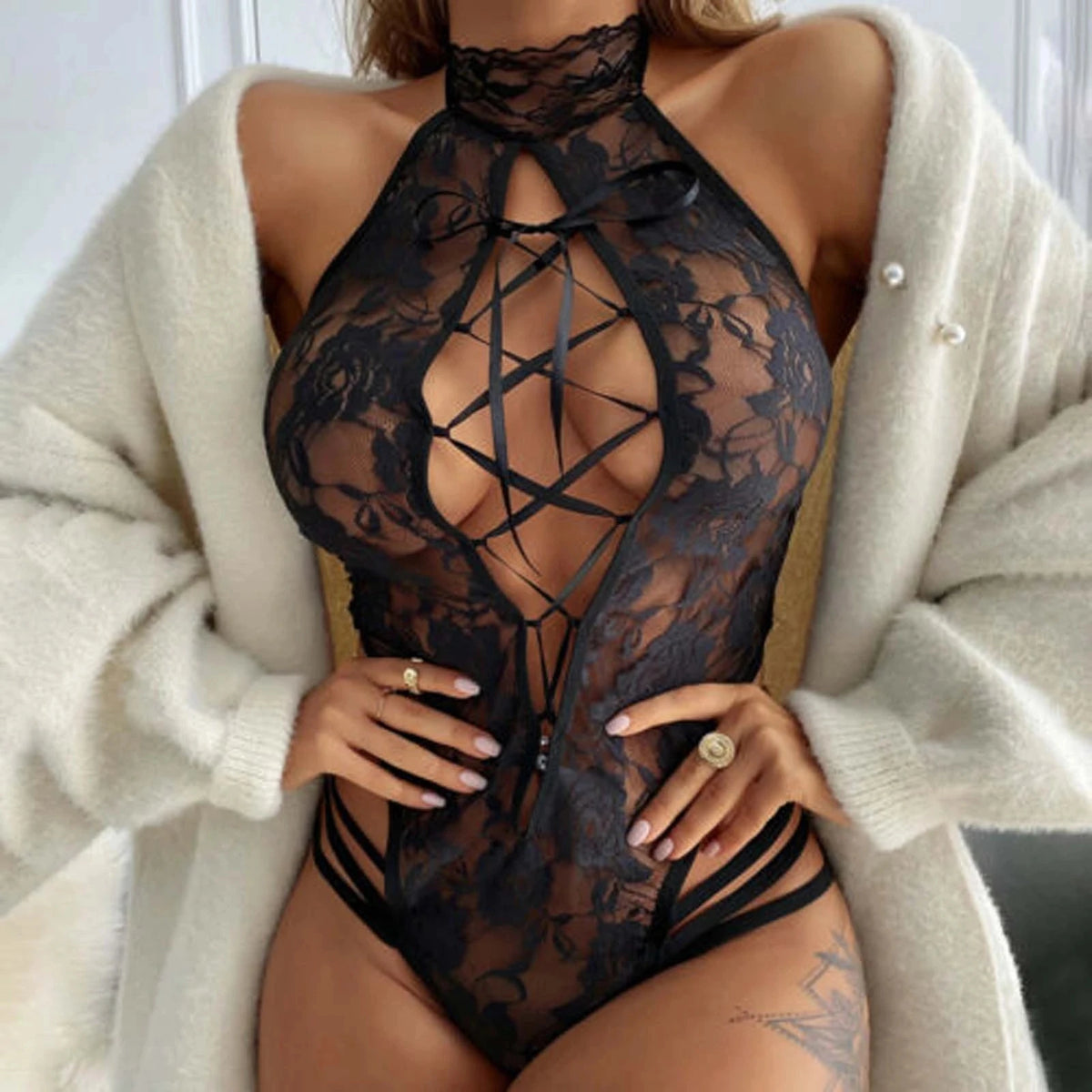 Crothless Sexy Lingerie Women Bodysuit Lace Underwear Transparent Hollow Out Fetish Babydoll Dress Open Croth Erotic Costume