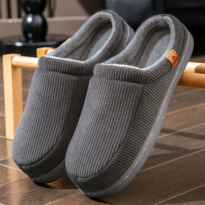 Warm Slippers for Men TPR Sole Memory Foam Soft Cushion Non Slip Stripe Design Comfortable Corduroy House Shoes