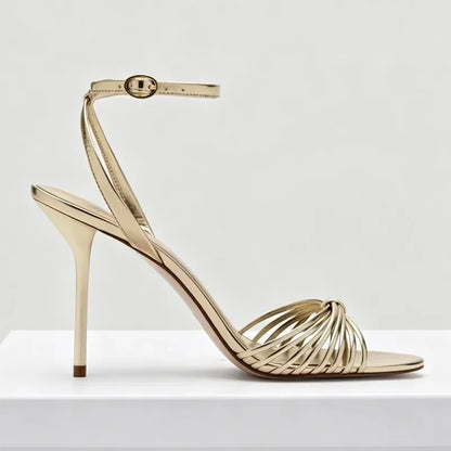 Elegant Ankle Strap Narrow Band Heeled Sandals Women Open-Toe High Heels for Ladies Luxury Metal Buckle Details Designer Shoes