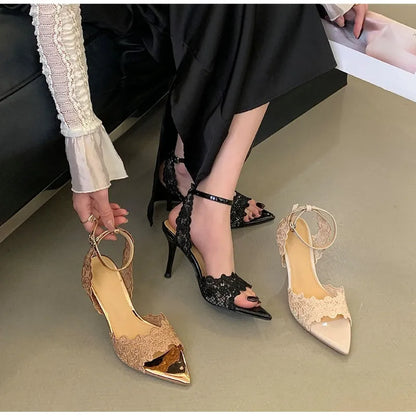 Luxury Lace Embroidery Ankle Strap Buckle Women Gladiator Sandals Elegant Thin High heels Summer Fashion Party Wedding Shoes