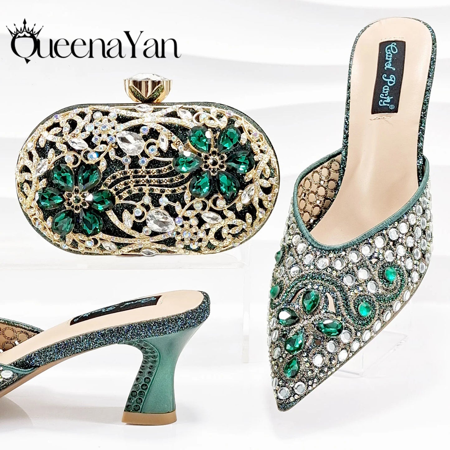 QUEENA YAN Luxury Pink Rhinestone Party Shoes and Clutch for Women- Elegant Crystal Heels with Matching Evening Bag