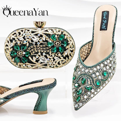 QUEENA YAN Luxury Pink Rhinestone Party Shoes and Clutch for Women- Elegant Crystal Heels with Matching Evening Bag