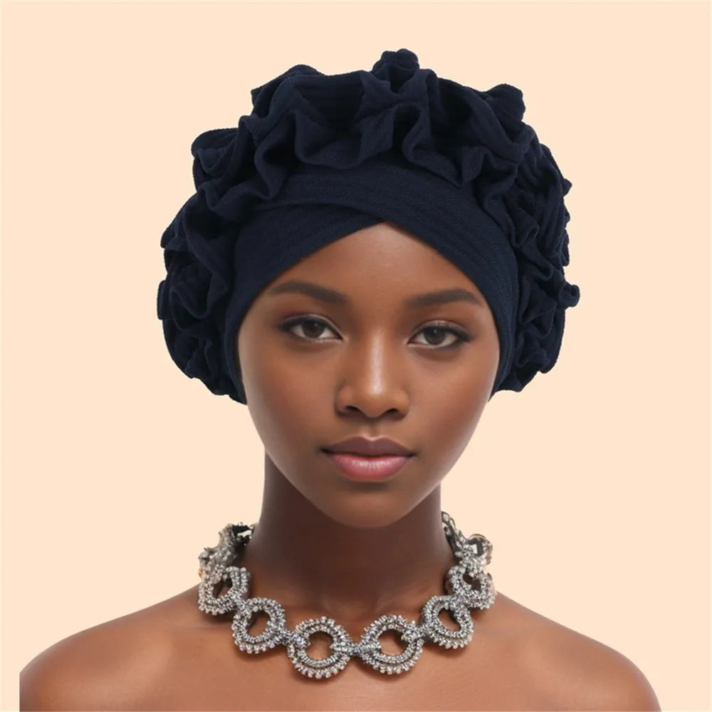 Ruffled Turban Cap Women's Head Wraps Soft Comfortable Headscarf Bonnet Lady Soild Color Headgear