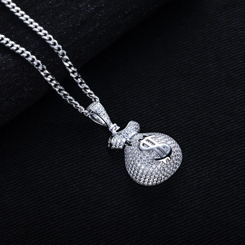 MossanRappr 2.8cttw Moissanite Bling Dollar Money Bag Pendant Hip Hop  Necklace 925 Sterling Silver Heavy Metal Jewelry for Men