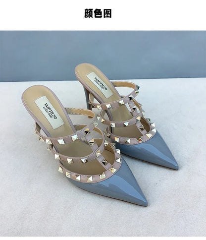 Women's sandals luxury Brand Shoes Woman 2025 trend Ankle Strap Summer Rivets High Heels Slippers Design Pointed Toe Sexy party