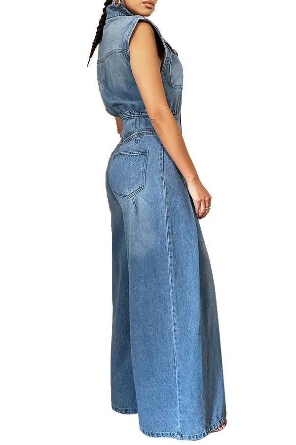 Washed Denim Jumpsuits Women Fashion Lapel Button High Waist Sleeveless Jumpsuit Streetwear Spring Summer New Female Clothing