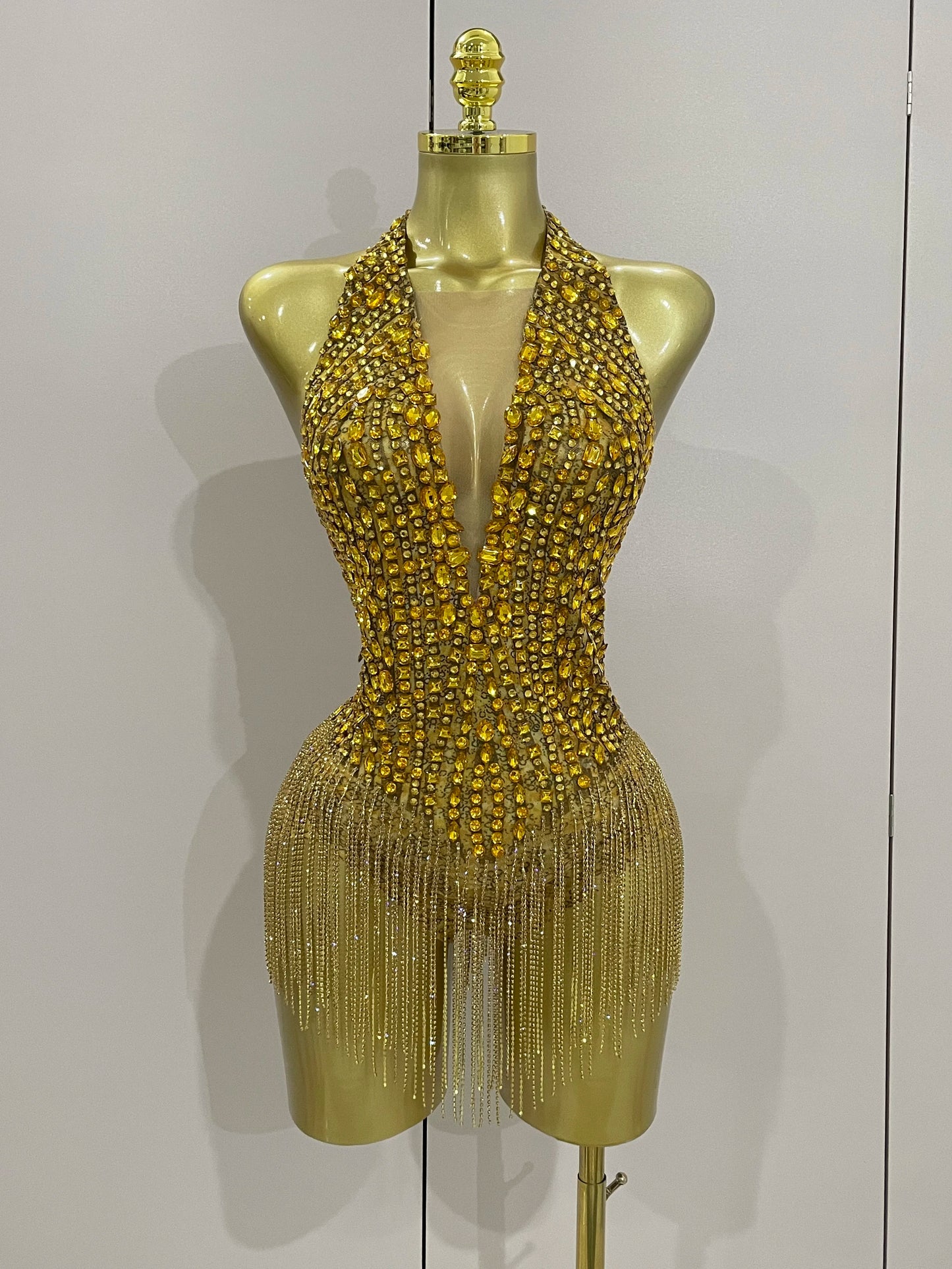Luxury Golden Rhinestone Sexy Mesh Stretch Bodysuits Women Birthday Dancer Performance Stage Wear Nightclub Team Hotwife Outfit