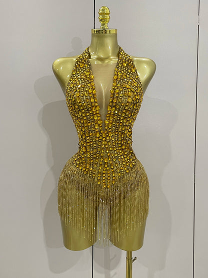 Luxury Golden Rhinestone Sexy Mesh Stretch Bodysuits Women Birthday Dancer Performance Stage Wear Nightclub Team Hotwife Outfit