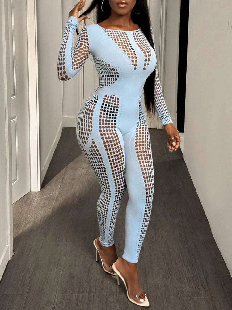 2026 Spring Autumn Woman Jumpsuits Playsuits Sexy Clothing Clubwear Long Sleeve Hollow Out Mesh See Through Fitness Jumpsuit