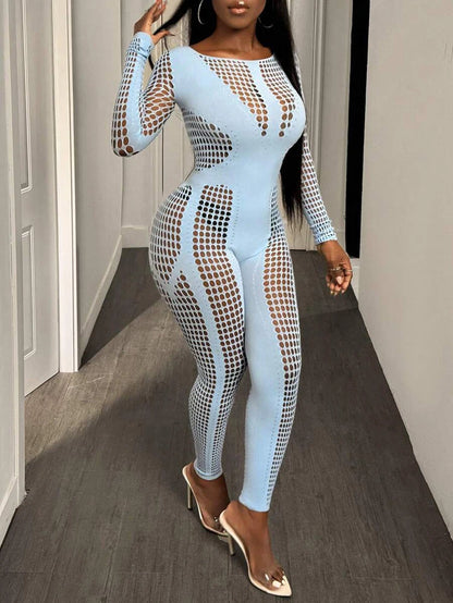 2026 Spring Autumn Woman Jumpsuits Playsuits Sexy Clothing Clubwear Long Sleeve Hollow Out Mesh See Through Fitness Jumpsuit