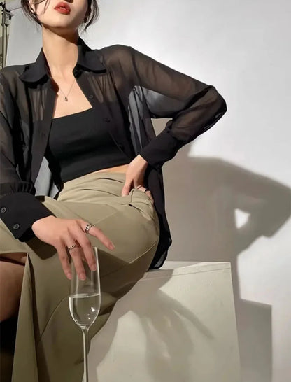 SMVP Chiffon Blouse for Women 2025 New Summer Sheer Mesh Long Sleeve Sun Protection Shirts Korean Fashion Office Lady Shirt Tops