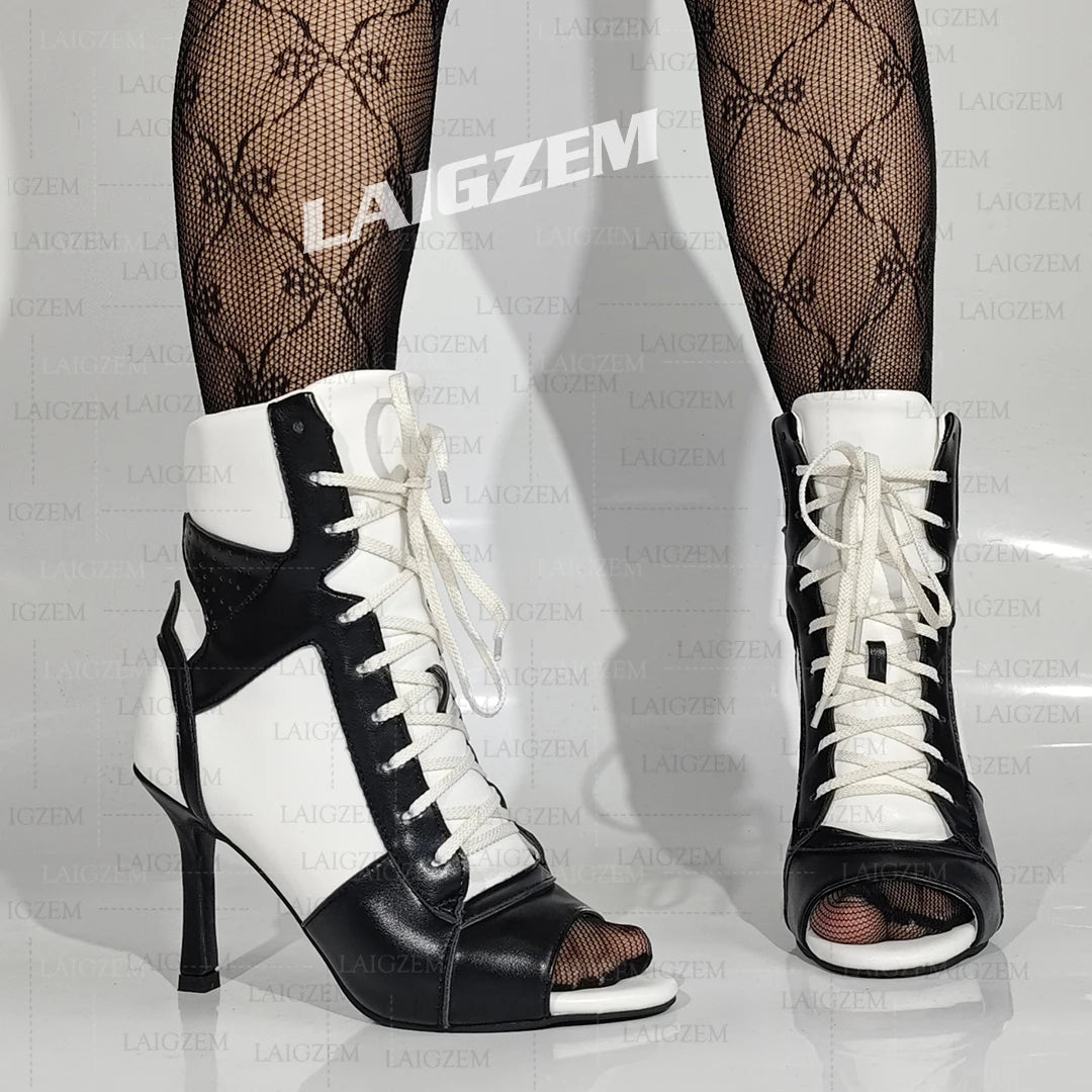 LAIGZEM Women Ankle Boots Patchwork Peep Toe Thin High Heels Boots Lace up Short Boos Ladies Handmade Shoes Woman Size 39 41 43