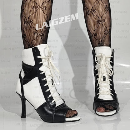 LAIGZEM Women Ankle Boots Patchwork Peep Toe Thin High Heels Boots Lace up Short Boos Ladies Handmade Shoes Woman Size 39 41 43